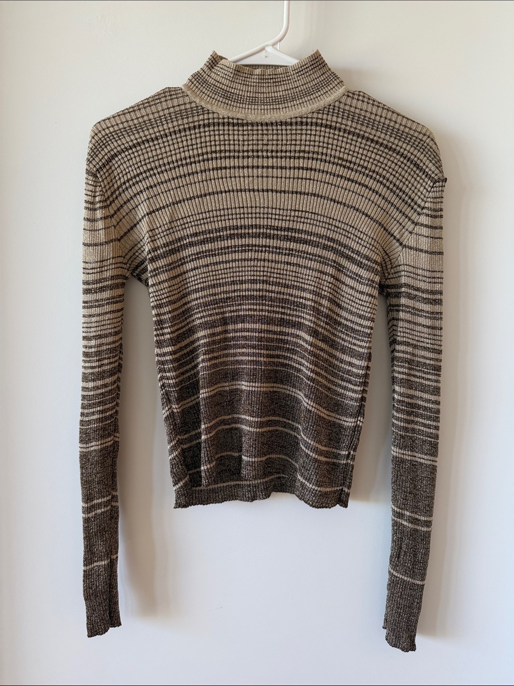 Laundry By Shelli Segal Ribbed Mock Neck Long Sleeve Top - Brown Cream Stripe